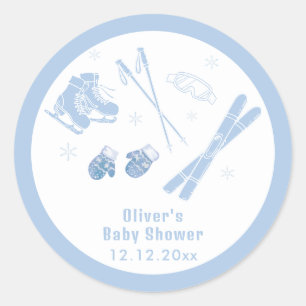 Pegatina Redonda Pastel Blue Invierno Après Bébé Niño Esquí Baby Sh