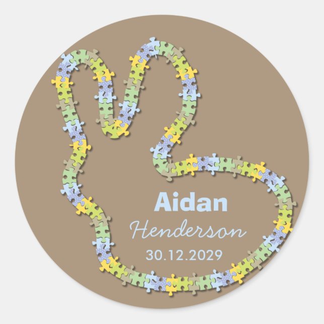 Pegatina Redonda Pastel Blue Jigsaw Bunny Cute Boy Baby Shower (Anverso)