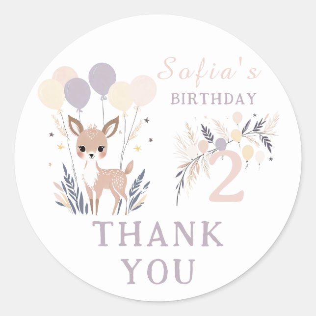 Pegatina Redonda Pastel Boho Fawn & Balloons Cumpleaños Gracias (Anverso)