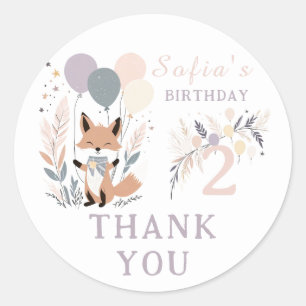 Pegatina Redonda Pastel Boho Fox y Balloons Cumpleaños Gracias