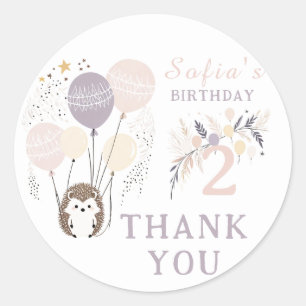 Pegatina Redonda Pastel Boho Hedgehog y Globos Cumpleaños