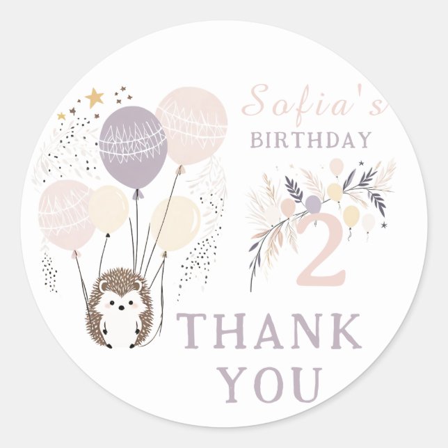Pegatina Redonda Pastel Boho Hedgehog y Globos Cumpleaños (Anverso)