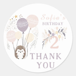 Pegatina Redonda Pastel Boho Hedgehog y Globos Cumpleaños