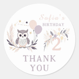Pegatina Redonda Pastel Boho Owl & Balloons Cumpleaños Gracias