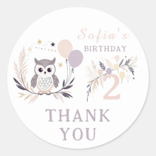 Pegatina Redonda Pastel Boho Owl & Balloons Cumpleaños Gracias
