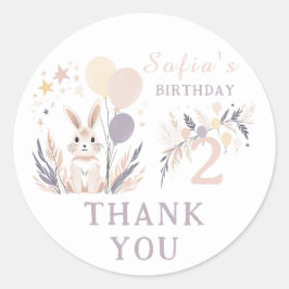 Pegatina Redonda Pastel Boho Rabbit & Balloons Cumpleaños Gracias