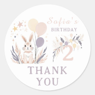 Pegatina Redonda Pastel Boho Rabbit & Balloons Cumpleaños Gracias