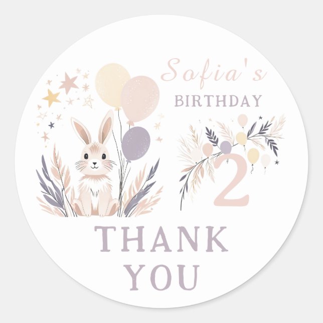 Pegatina Redonda Pastel Boho Rabbit & Balloons Cumpleaños Gracias (Anverso)