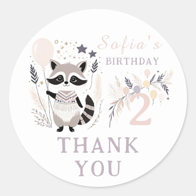 Pegatina Redonda Pastel Boho Raccoon & Balloons Cumpleaños Gracias (Anverso)