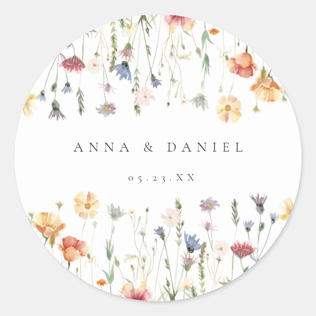 Pegatina Redonda Pastel Boho Wildflower Wedding (Anverso)