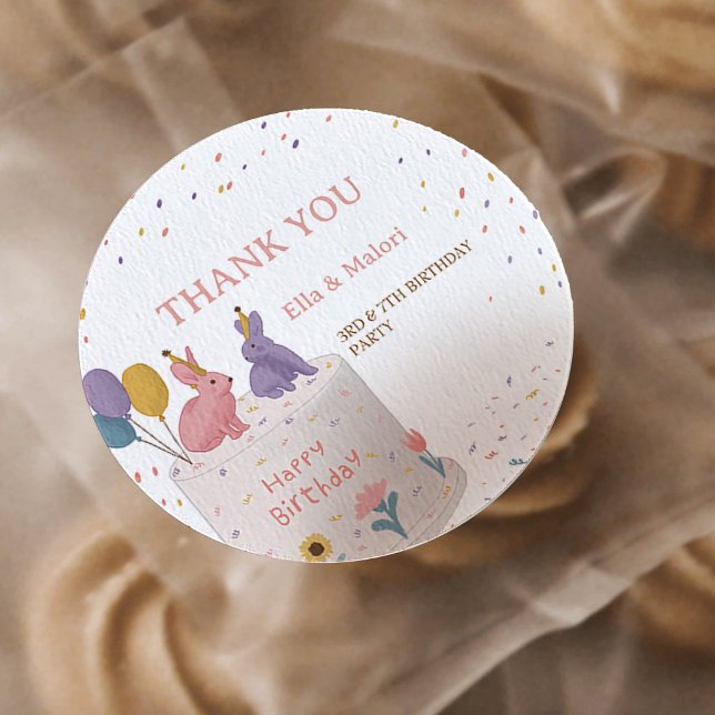 Pegatina Redonda Pastel Bunny Joint Birthday for Sister Brother (Subido por el creador)