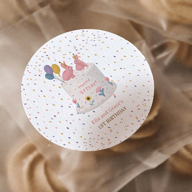 Pegatina Redonda Pastel Bunny Twin Girls 1st Birthday Party (Subido por el creador)