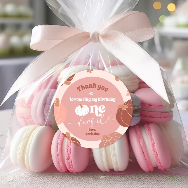 Pegatina Redonda Pastel Calabaza Rosada Primer Cumpleaños Gracias P (Subido por el creador)