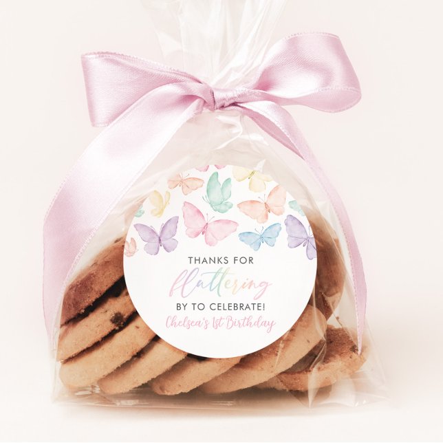 Pegatina Redonda Pastel Chica Mariposa Primer cumpleaños Favor Arco (Pastel Rainbow Butterfly 1st Birthday Favor stickers)