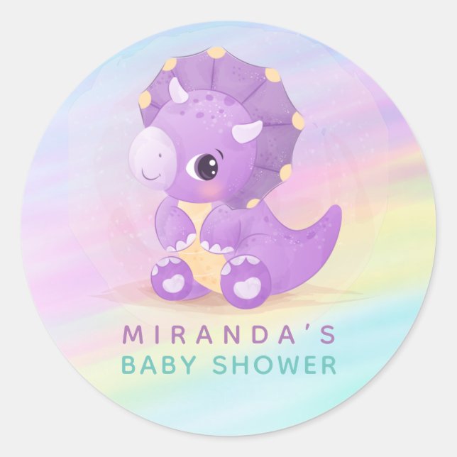 Pegatina Redonda Pastel Cute Purple Dinosaur Baby Shower (Anverso)