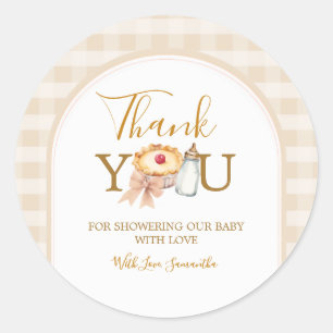 Pegatina Redonda Pastel Cutie Pie Gingham Baby Shower Gracias
