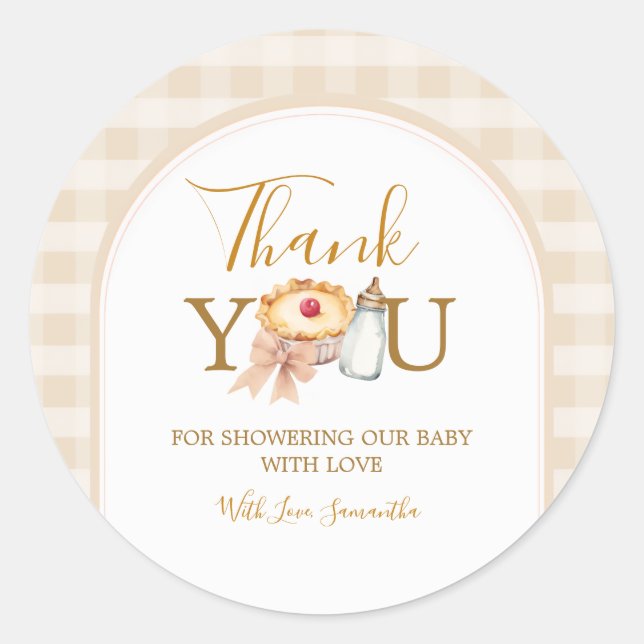 Pegatina Redonda Pastel Cutie Pie Gingham Baby Shower Gracias (Anverso)