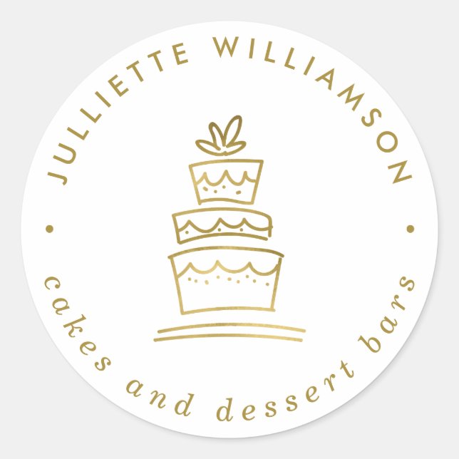 Pegatina Redonda Pastel de Boda con mano blanca y dorada (Anverso)
