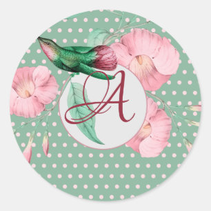 Pegatina Redonda Pastel de colibrí monogramado Mint Green Color ros