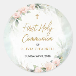 Pegatina Redonda Pastel de color de agua rosa Floral Primera Comuni