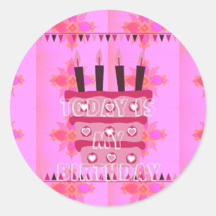 Pegatina Redonda Pastel de cumpleaños con flores para el arte de su