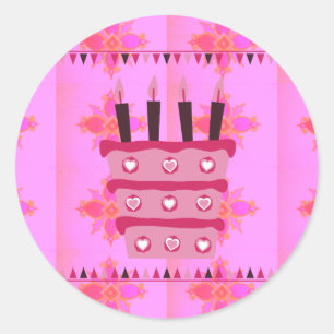 Pegatina Redonda Pastel de cumpleaños con flores para el arte de su