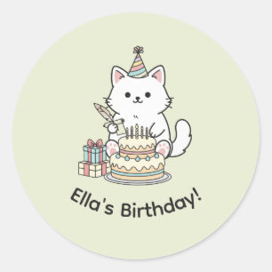 Pegatina Redonda Pastel de Cumpleaños con Regalos para Gato Amistos