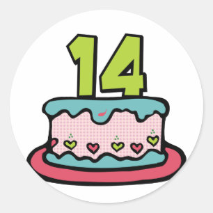 Pegatina Redonda Pastel de cumpleaños de 14 años