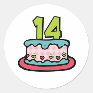 Pegatina Redonda Pastel de cumpleaños de 14 años