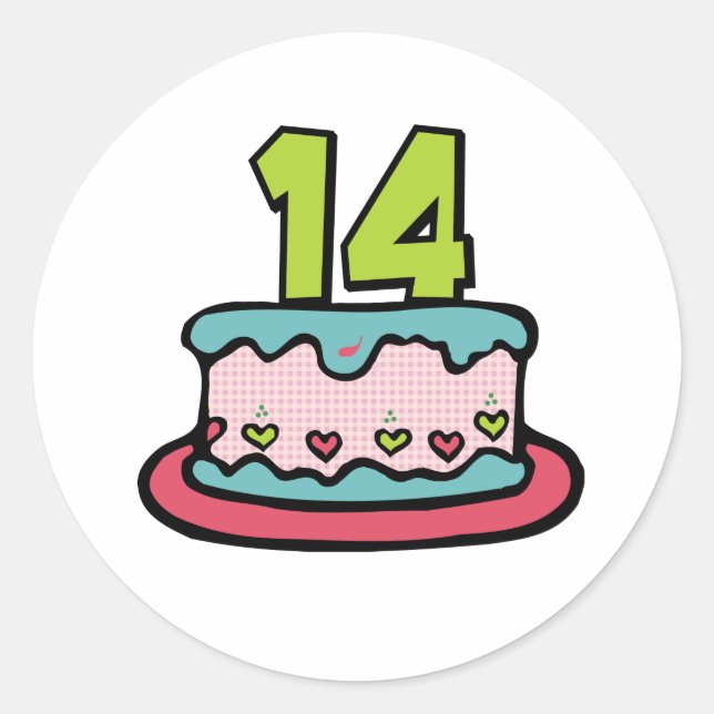 Pegatina Redonda Pastel de cumpleaños de 14 años (Anverso)