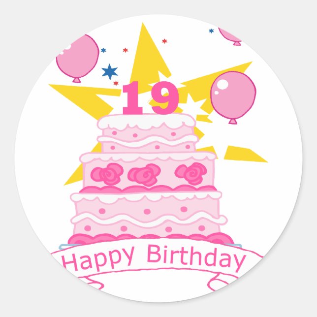 Pegatina Redonda Pastel de cumpleaños de 19 años (Anverso)