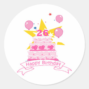Pegatina Redonda Pastel de cumpleaños de 26 años