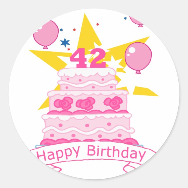 Pegatina Redonda Pastel de cumpleaños de 42 años (Anverso)