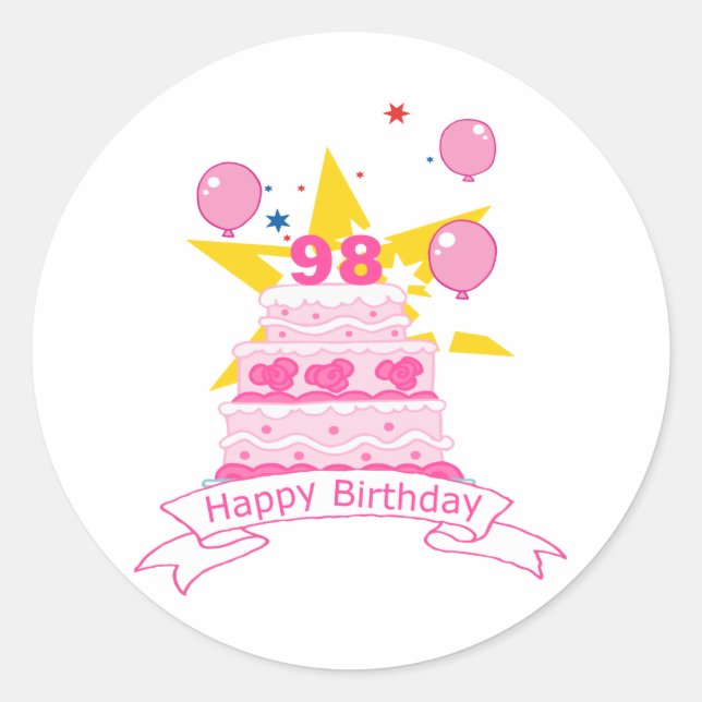 Pegatina Redonda Pastel de cumpleaños de 98 años (Anverso)