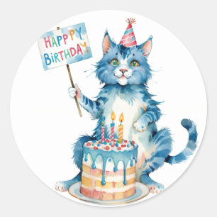 Pegatina Redonda Pastel de cumpleaños de gato azul lindo - Cumpleañ