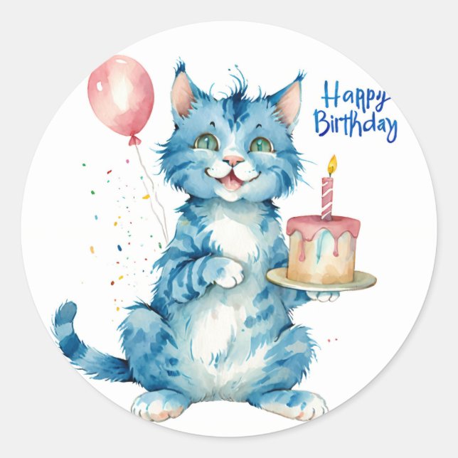 Pegatina Redonda Pastel de cumpleaños de gato azul lindo - Cumpleañ (Anverso)