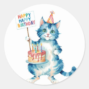 Pegatina Redonda Pastel de cumpleaños de gato azul lindo - Cumpleañ