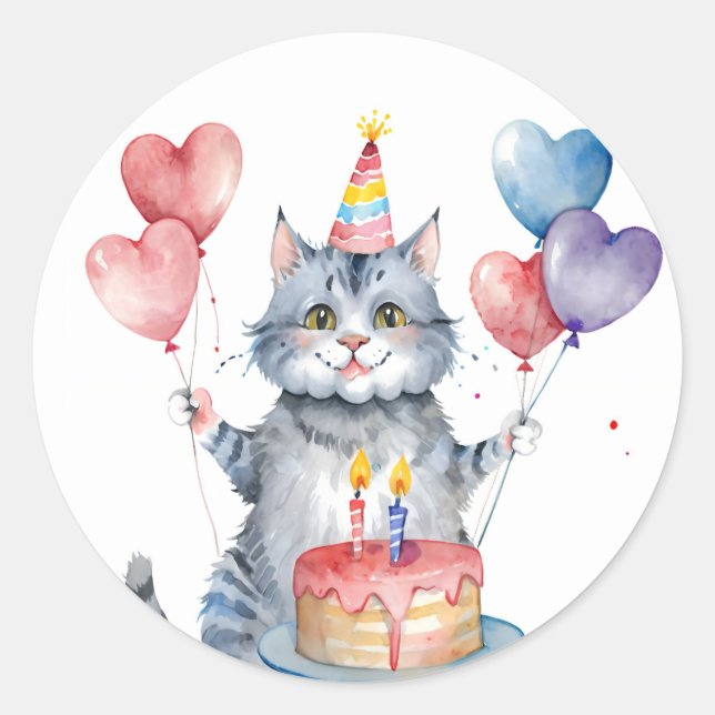 Pegatina Redonda Pastel de cumpleaños de gato gris lindo - Cumpleañ (Anverso)