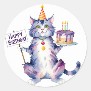Pegatina Redonda Pastel de cumpleaños de gato púrpura y lindo - Cum
