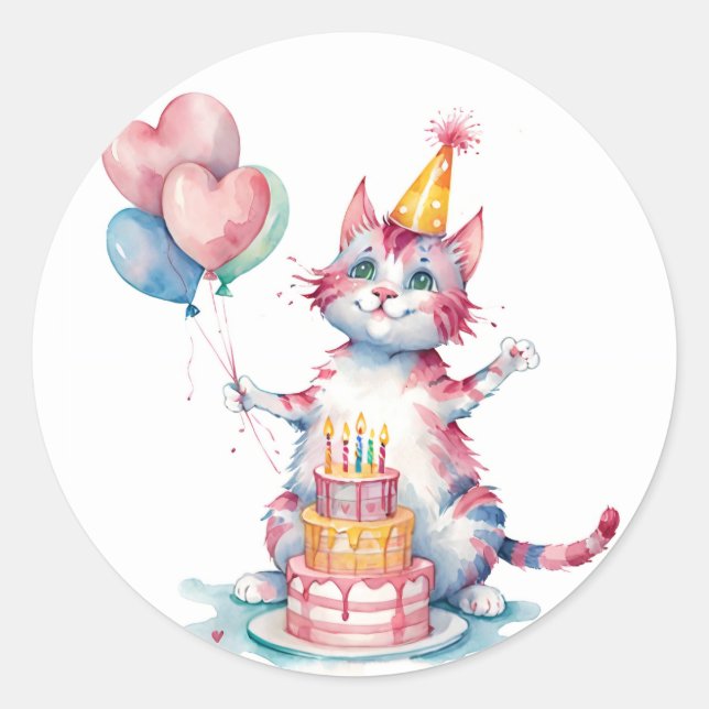 Pegatina Redonda Pastel de cumpleaños de gato rosado lindo - Cumple (Anverso)