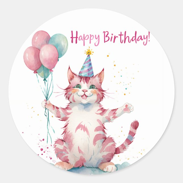 Pegatina Redonda Pastel de cumpleaños de gato rosado lindo - Cumple (Anverso)
