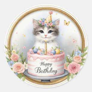 Pegatina Redonda Pastel de cumpleaños de Pastel Kitten - Cumpleaños