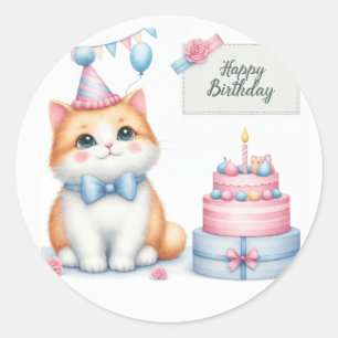 Pegatina Redonda Pastel de cumpleaños de Pastel Kitten - Cumpleaños