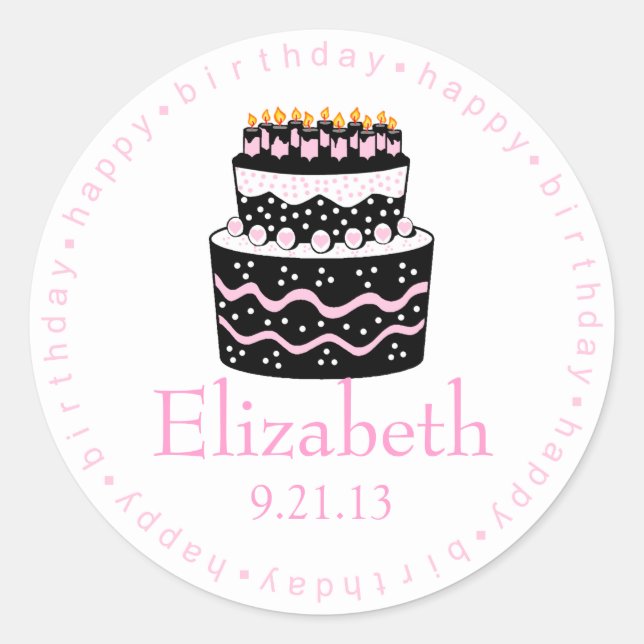 Pegatina Redonda Pastel de cumpleaños Feliz de Rosa (Anverso)