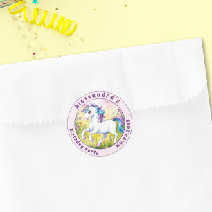 Pegatina Redonda Pastel de Cumpleaños Personalizado Unicornio Mágic