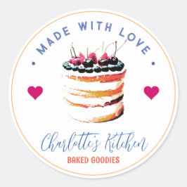 Pegatina Redonda Pastel de fresa hecho con amor Cocina Panadería