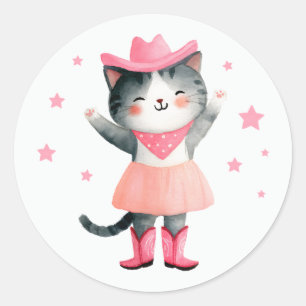 Pegatina Redonda Pastel de gatos de vaca Color de agua rosado lindo