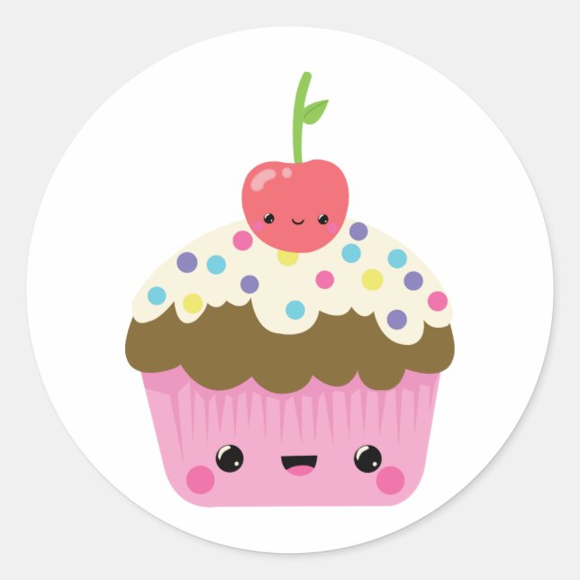 Pegatina Redonda Pastel de Kawaii con cerezo por encima (Anverso)