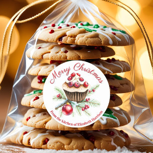 Pegatina Redonda Pastel de Navidades festivos con fresas rojas