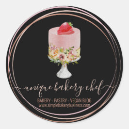 Pegatina Redonda Pastel de panadería de fresa cocinero negro rosa
